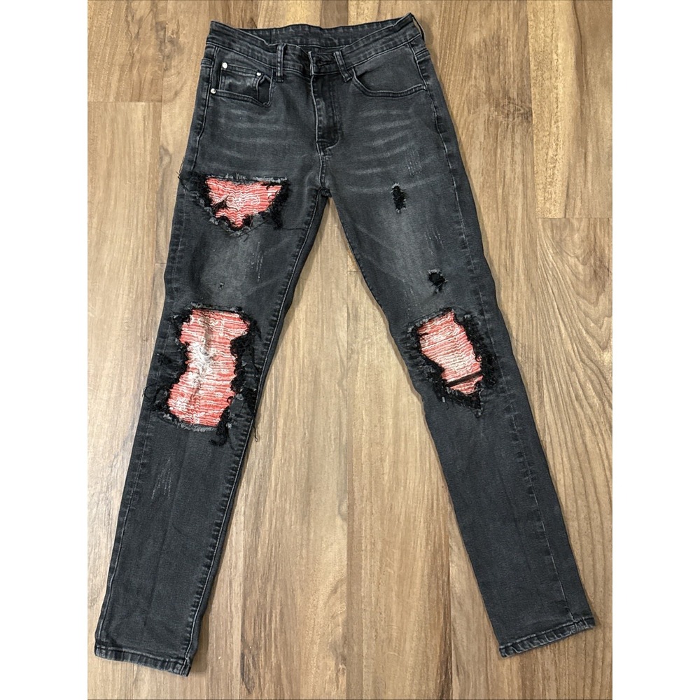 Women's Sz 28 Distressed Tapered Stretch‎ Black Denim Jeans Red Patches VGUC